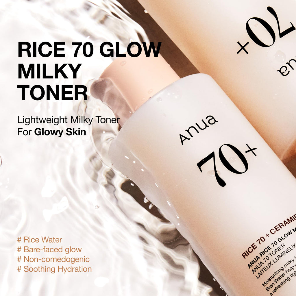 Anua Rice 70 Glow Milky Toner, Glass & Dewy Skin, Hydrating & Barrier Care, Rice Water, Niacinamide, Ceramides, All Skin Types, Fragrance-Free, Non Comedogenic, Korean Skincare, 8.45 fl.oz.