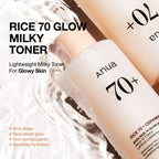 Anua Rice 70 Glow Milky Toner, Glass & Dewy Skin, Hydrating & Barrier Care, Rice Water, Niacinamide, Ceramides, All Skin Types, Fragrance-Free, Non Comedogenic, Korean Skincare, 8.45 fl.oz.