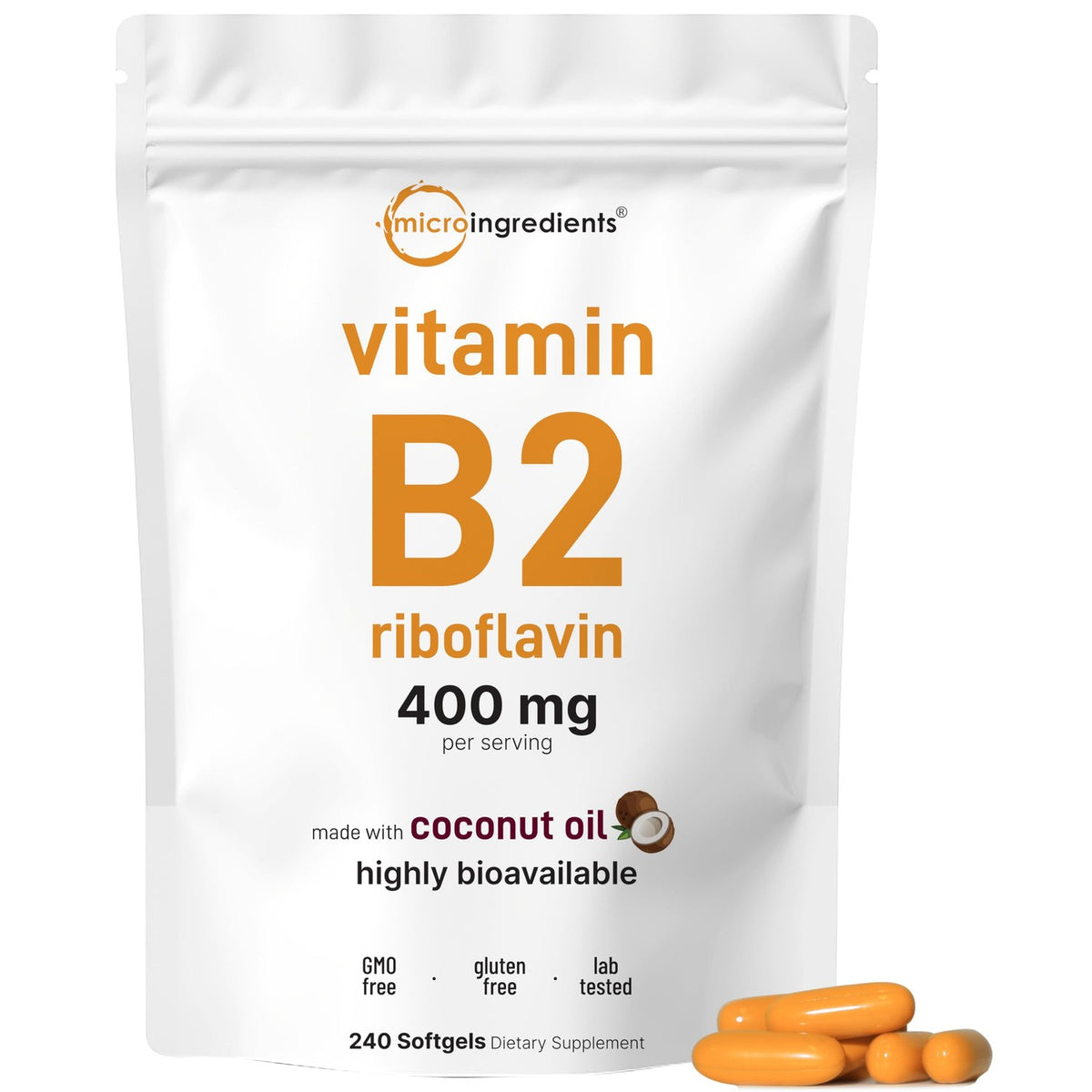Vitamin B2, Riboflavin 400mg | 240 Softgels with Coconut Oil | Highly Bioavailable | Extra Strength Vitamin B Energy Supplements | Essential B Vitamins for Women & Men | Non-GMO, Gluten Free