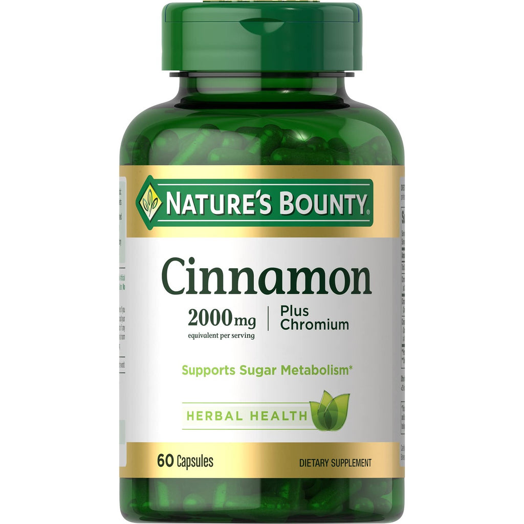 Nature's Bounty Cinnamon 2000mg Plus Chromium, 60 Capsules | Sugar Metabolism Support Supplement