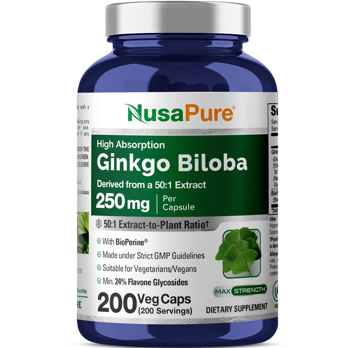 NusaPure Ginkgo Biloba, Vegan, 250mg, 200 Veggie Capsules - 200 Servings