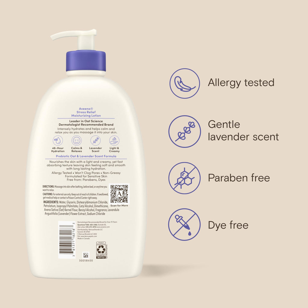 Aveeno Stress Relief Body Wash, Lavender Scent with Nourishing Prebiotic Oat, Sensitive Skin Body Wash for Normal to Dry Skin, Paraben-, Dye-, and Soap-Free, Value Size 33 Fl Oz