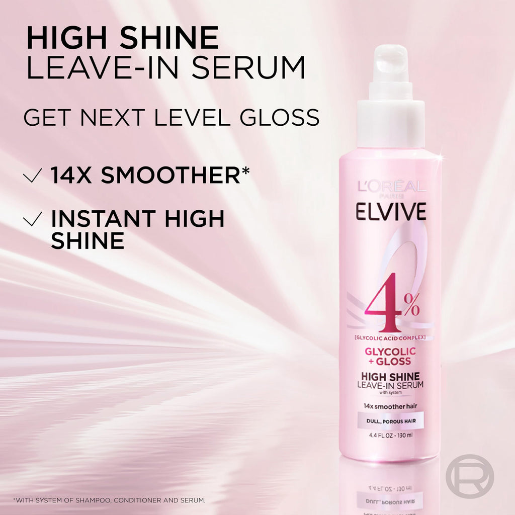 L'Oreal Paris Elvive Glycolic + Gloss High Shine Leave-In Hair Serum, Smooths Dull, Porous Hair Into High-Shine, Glossy Hair, 4.4 Fl Oz