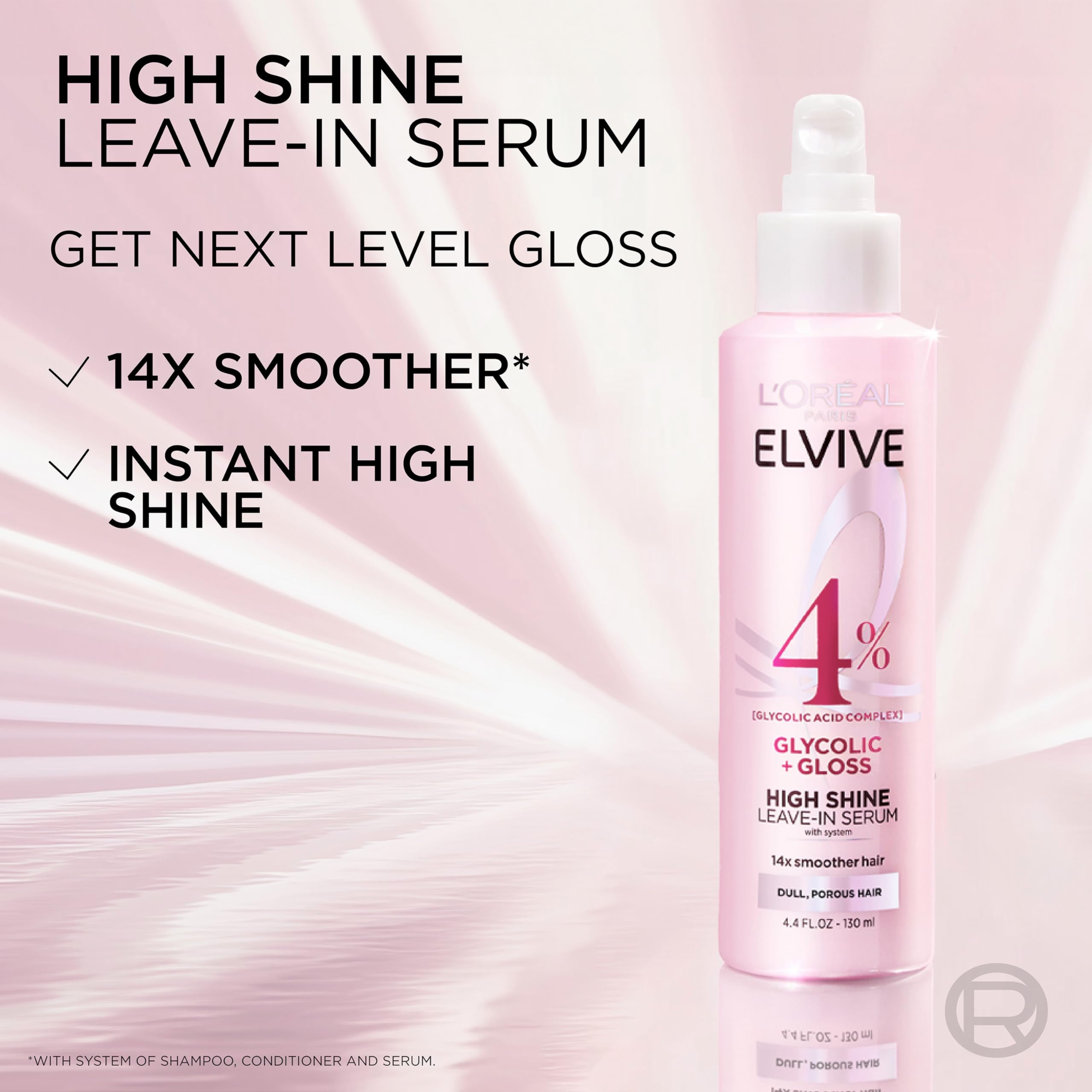 L'Oreal Paris Elvive Glycolic + Gloss High Shine Leave-In Hair Serum, Smooths Dull, Porous Hair Into High-Shine, Glossy Hair, 4.4 Fl Oz