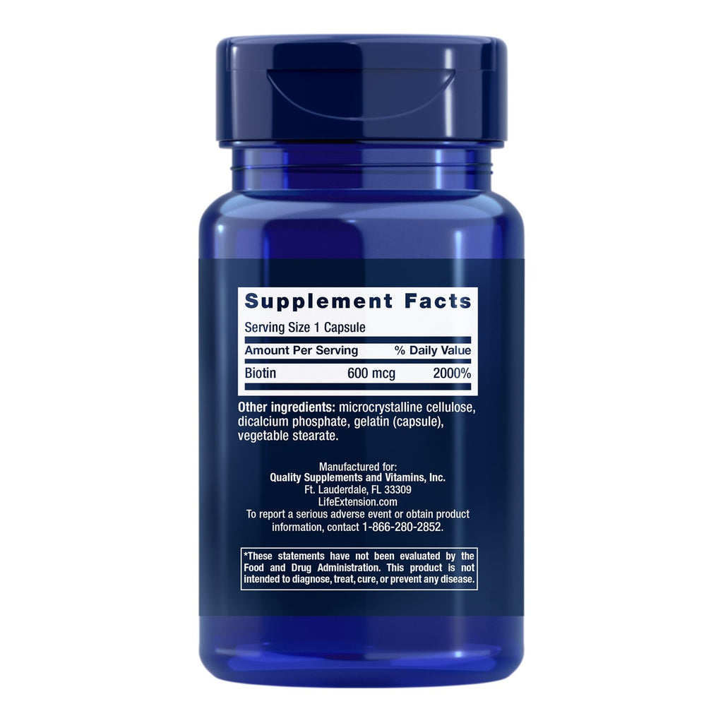 Life Extension Biotin, Vitamin B7, 600 mcg, 100 Capsules