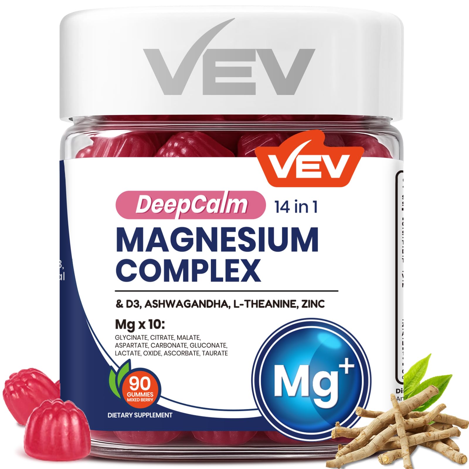 VEV Deep Calm Magnesium Complex 14-in-1 Glycinate Gummies for Women and Men | Sleep, with D3, Ashwagandha, L-theanine, Zinc – No Added Sugar Vegan Gummies –90 Count (Pack of 1)