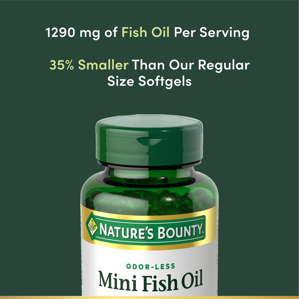 Nature's Bounty Mini Fish Oil Softgels 1290 mg, Omega-3, Supports Heart Health, Odor-Less, 90 Mini Coated Softgels (Pack of 2)