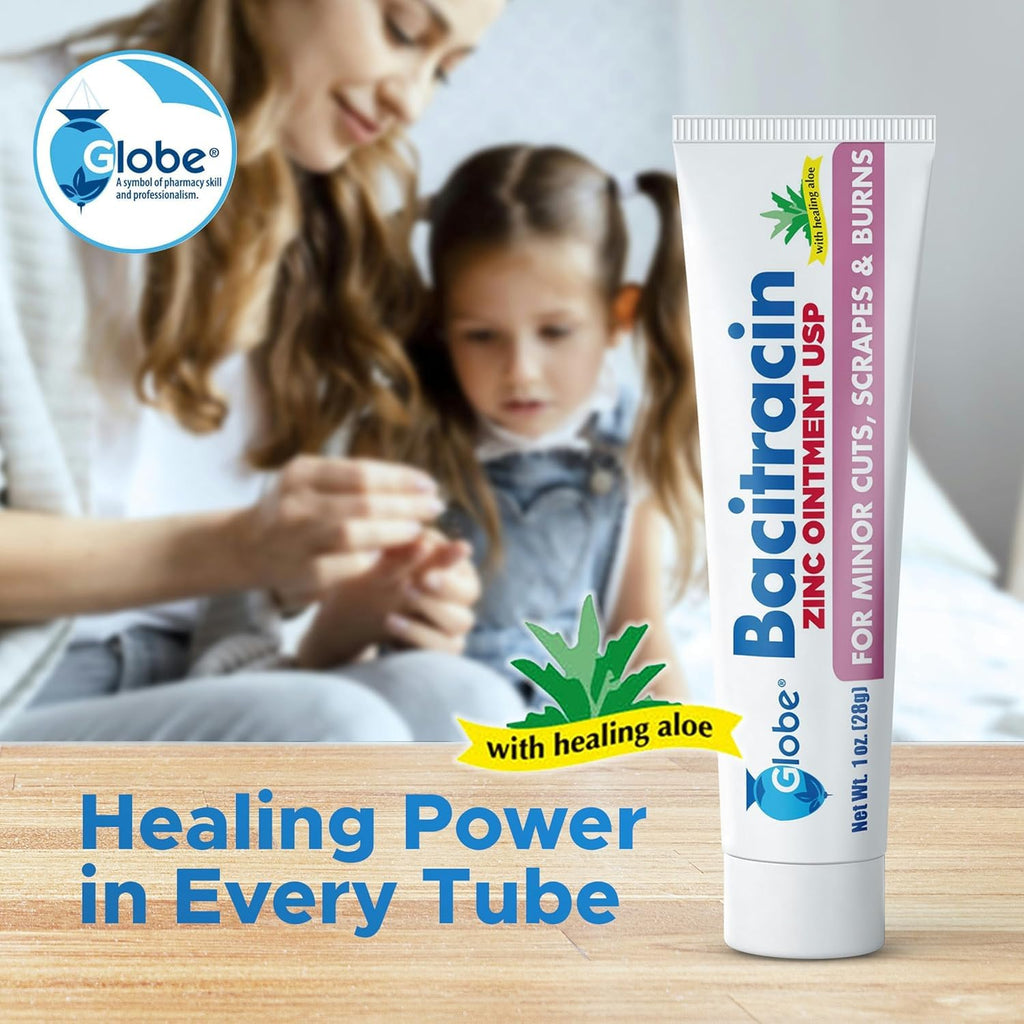 Globe Bacitracin Zinc Ointment with Aloe 1 oz, Antibiotic Ointment, 4 Pack
