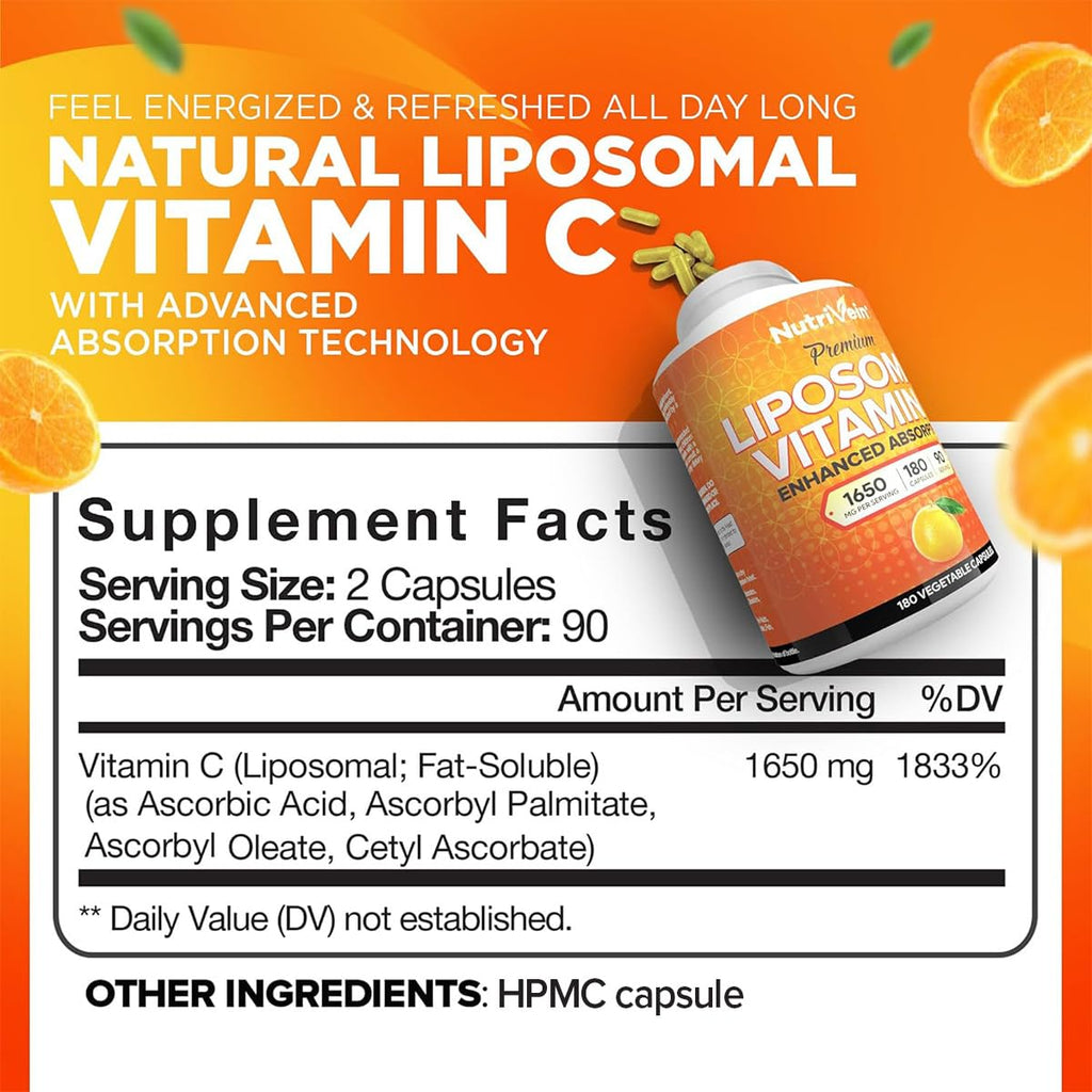 Nutrivein Liposomal Vitamin C Supplement 1650 mg - 180 Capsules, High Dose | High-absorption liposomal delivery for men and women. Supports whole-body defenses, skin, and overall well-being. Non-GMO.