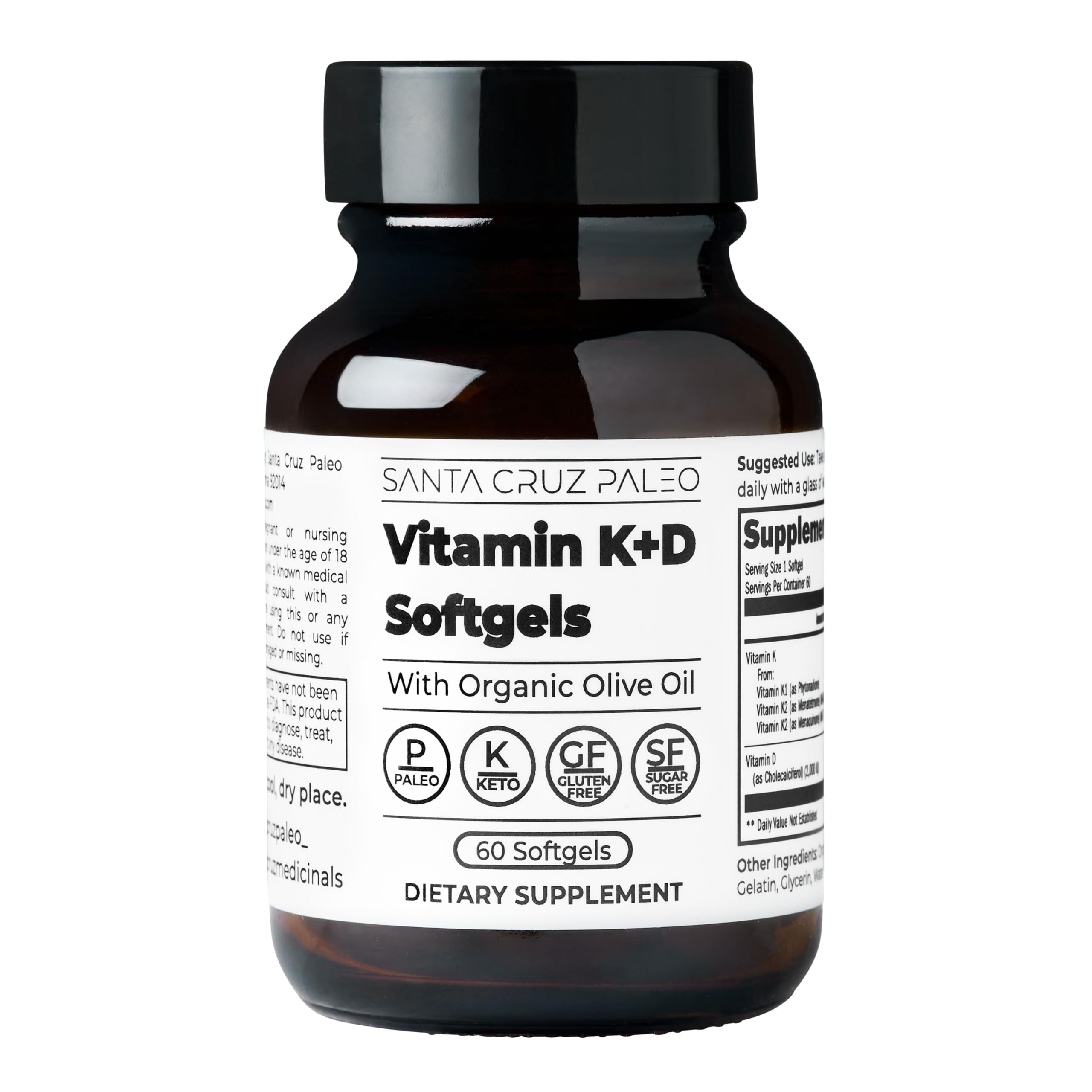 Santa Cruz Paleo Vitamin K2 + D3 Softgels, Daily Supplement with Organic Olive Oil, Includes Vitamin K1 & Two Forms of K2, Supports Heart & Bone Health, Gluten Free, Sugar Free, Paleo, Keto, 60 Count