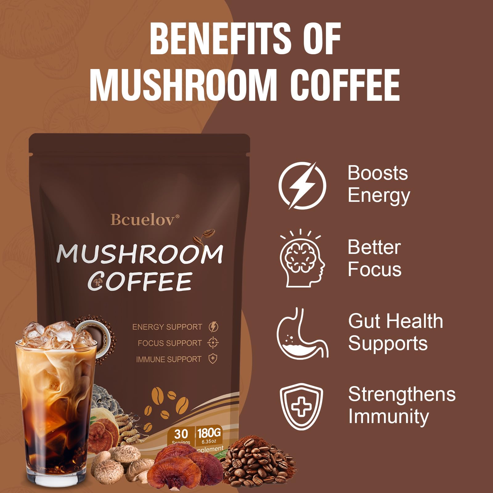 Mushroom Coffee, Instant Mushroom Coffee Powder with 6 Adaptogenic Mushrooms (Cordyceps, Lion’s Mane, Shiitake, Turkey Tail) and MCT Oil for Better Energy, Focus, Immune Support - 30 Servings