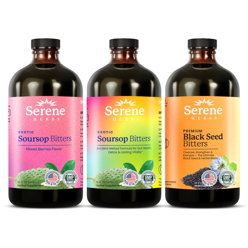 Serene Herbs Soursop Bitters Liquid & Black Seed Bundle – Organic Herbal Guanabana for Digestive Support & Immune Health – Vegan, Non-GMO – 32 oz (16 oz Each), (3 Pack)