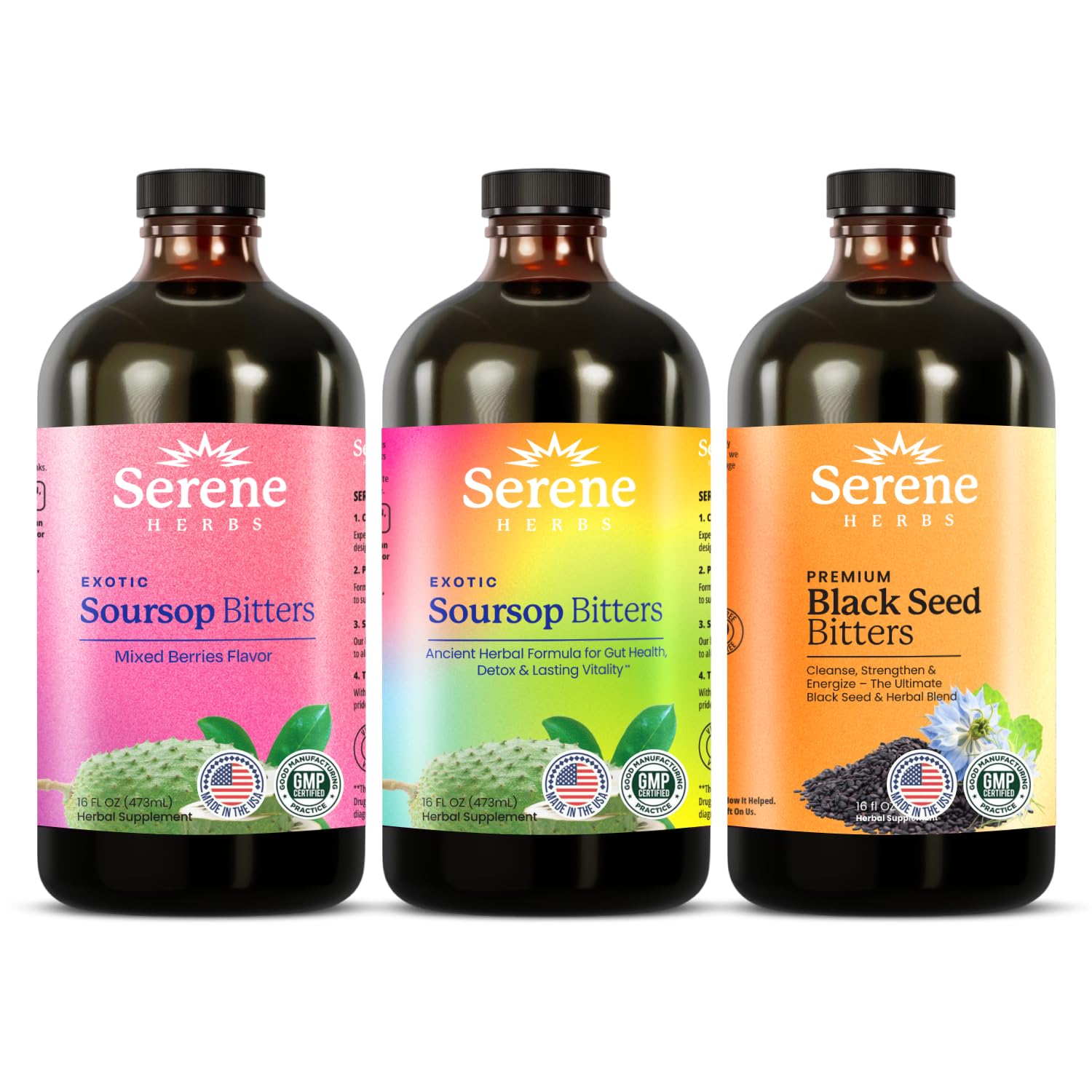 Serene Herbs Soursop Bitters Liquid & Black Seed Bundle – Organic Herbal Guanabana for Digestive Support & Immune Health – Vegan, Non-GMO – 32 oz (16 oz Each), (3 Pack)