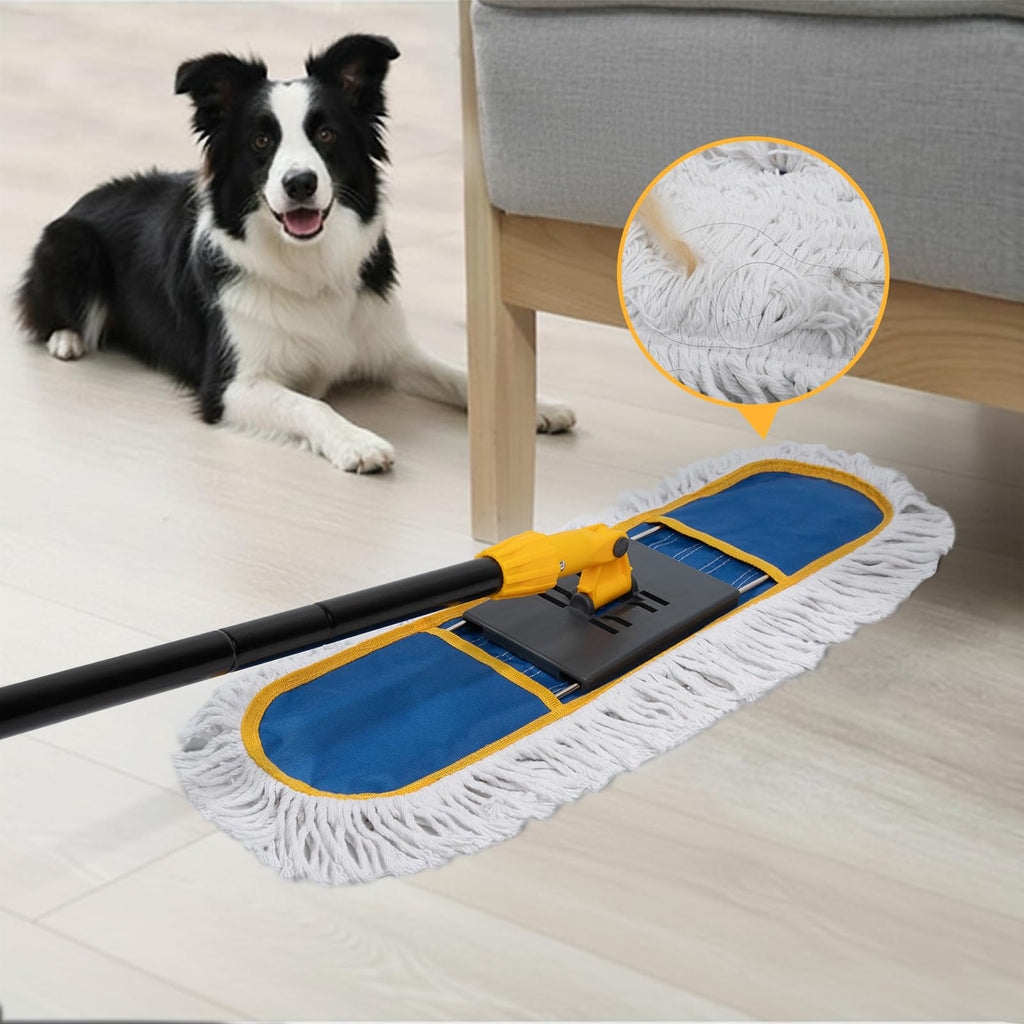 24”Dust Mop for Floor Cleaning, Heavy Duty Sweeper Broom Catches Dust, Pet Hair, and Debris, Washable 2 Cotton Mop Pads, Floor Duster for Hardwood, Tile, Laminate, and LVP Flooring