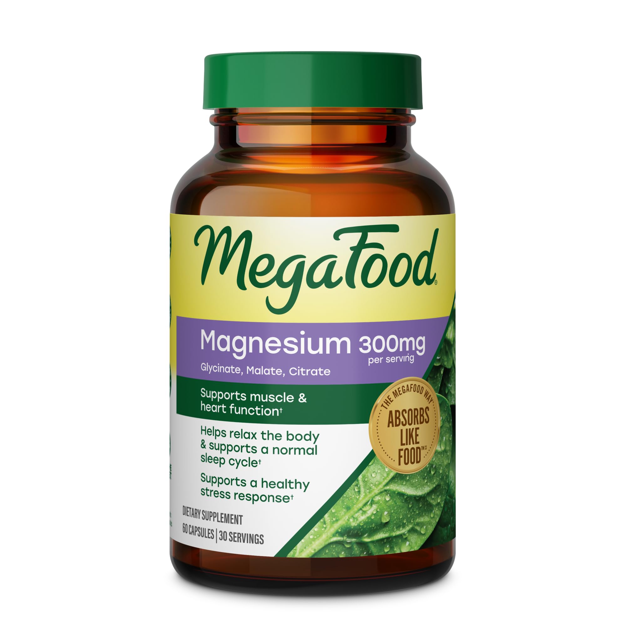 MegaFood Magnesium Glycinate, Malate, Citrate 300mg, 120 Capsules | Highly Absorbable 3 in 1 Magnesium Complex Blend to Support Heart & Muscle Function, Stress & Sleep, Vegetarian, 60 Servings