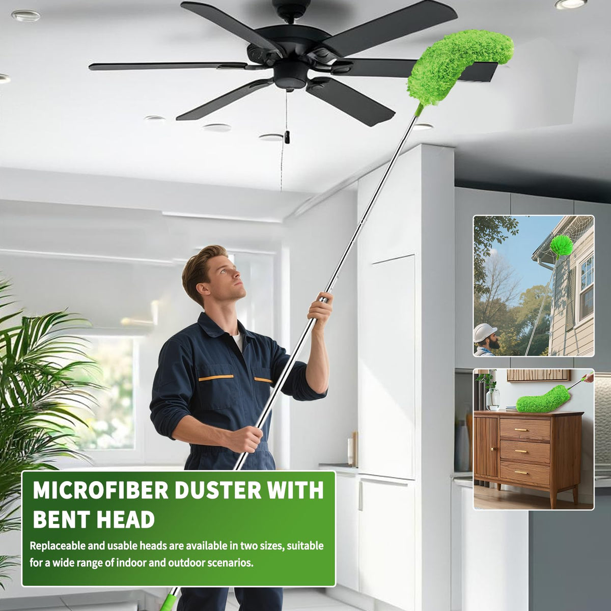 Cobweb Duster with Extension Pole, Washable Cleaning Duster Set with 2 Duster Heads, 15-110-Inch Telescoping Pole for high Ceiling Fans, Long Duster for high Ceilings，Spider Web Brush，Corner Brush
