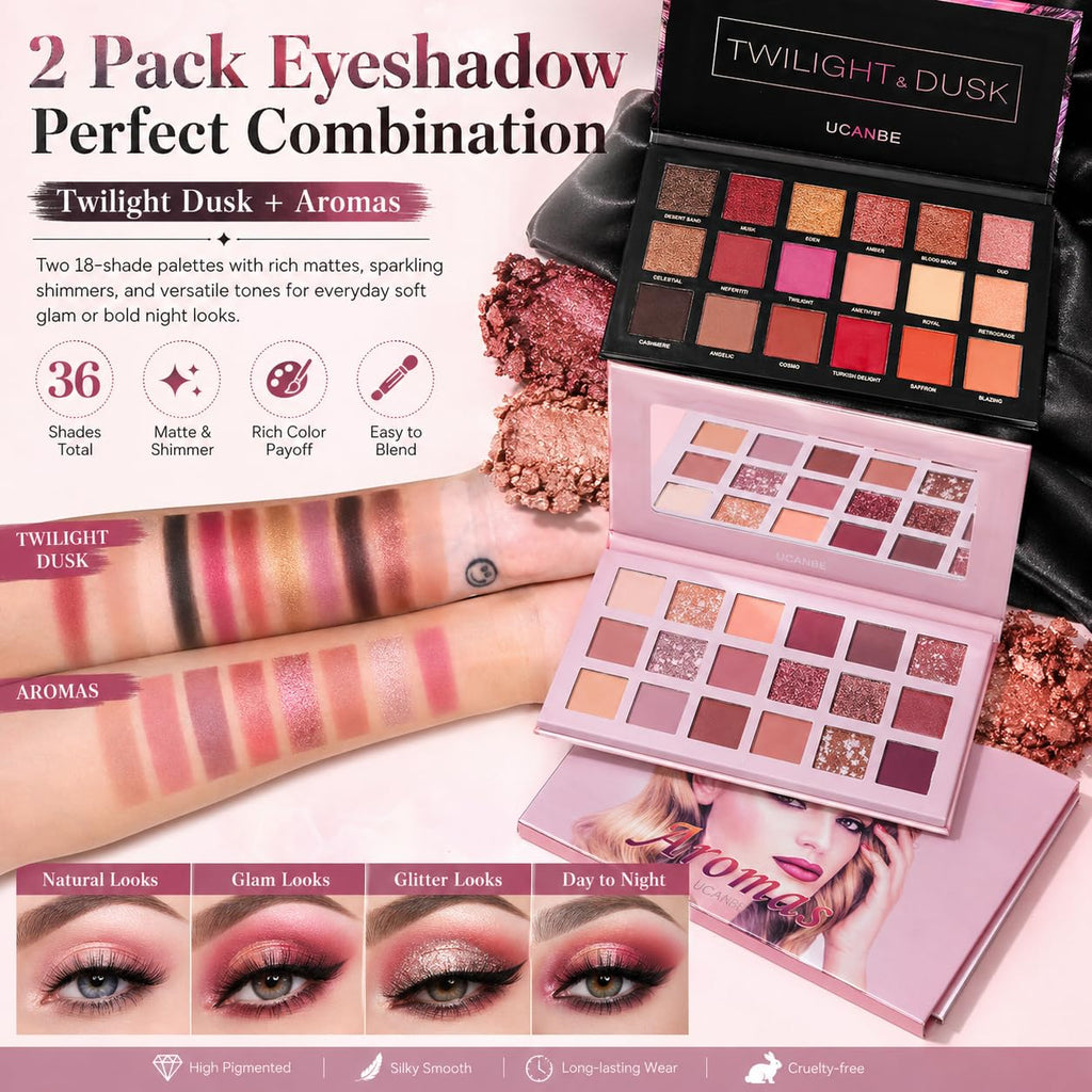 UCANBE 2Pcs Twilight Dusk & Aromas Nude Eyeshadow Palette Makeup Set, Matte Shimmer Glitter Pressed Pearl All Highly Pigmented Blending Powder, Natural Velvet Texture Eye Shadow Kit