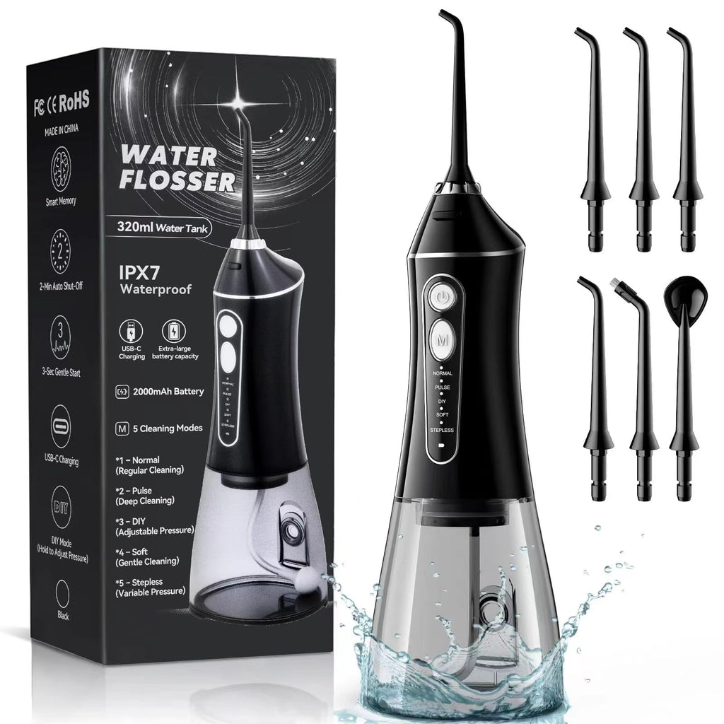 Cordless Water Flosser for Teeth with 6 Jet Tips, DIY 5 Modes 320ML Tank IPX7 Waterproof Portable Rechargeable Water flosser for Dental Hygiene Cordless for Home and Travel, Black
