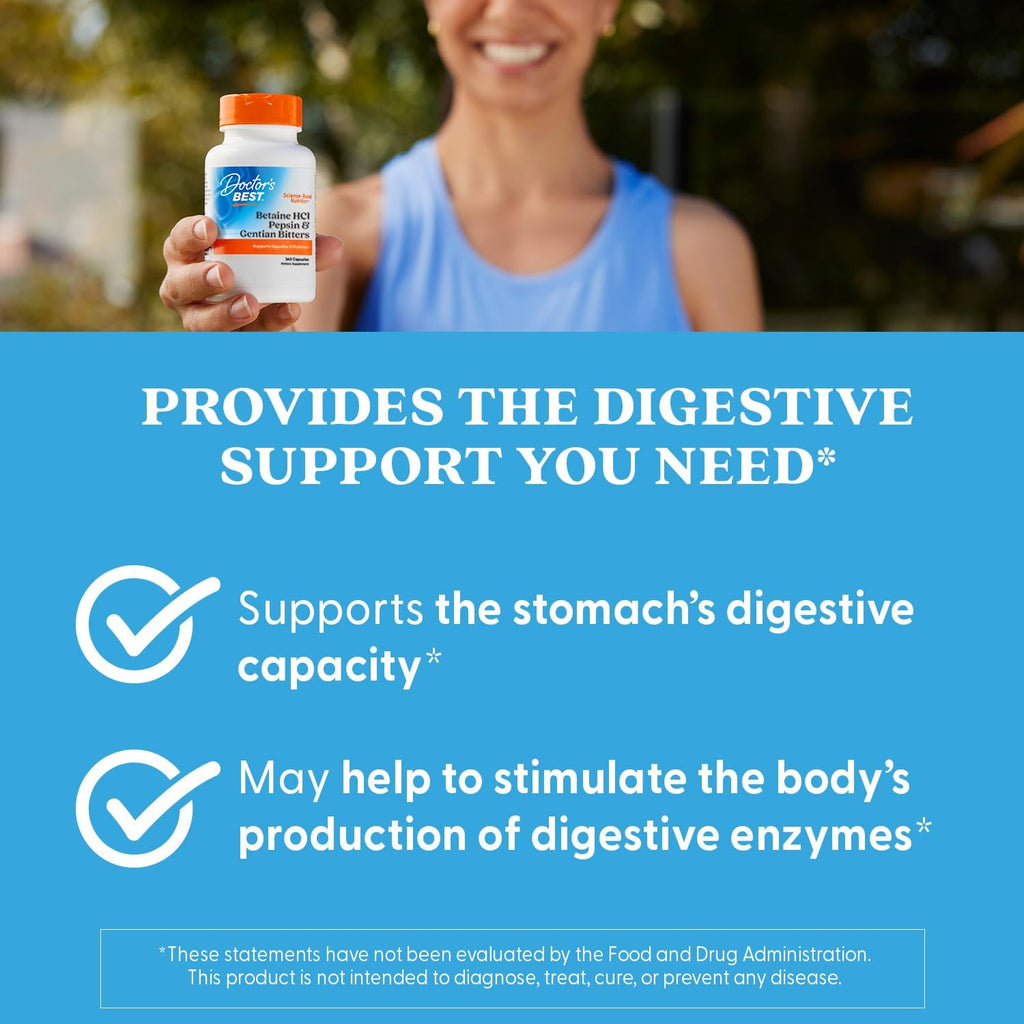 Buy now Doctor's Best Betaine HCI Pepsin & Gentian Bitters, Digestive Enzymes for Protein Breakdown & Absorption, Non-GMO, Gluten Free, 360 Count (Pack of 1) at indiglob india