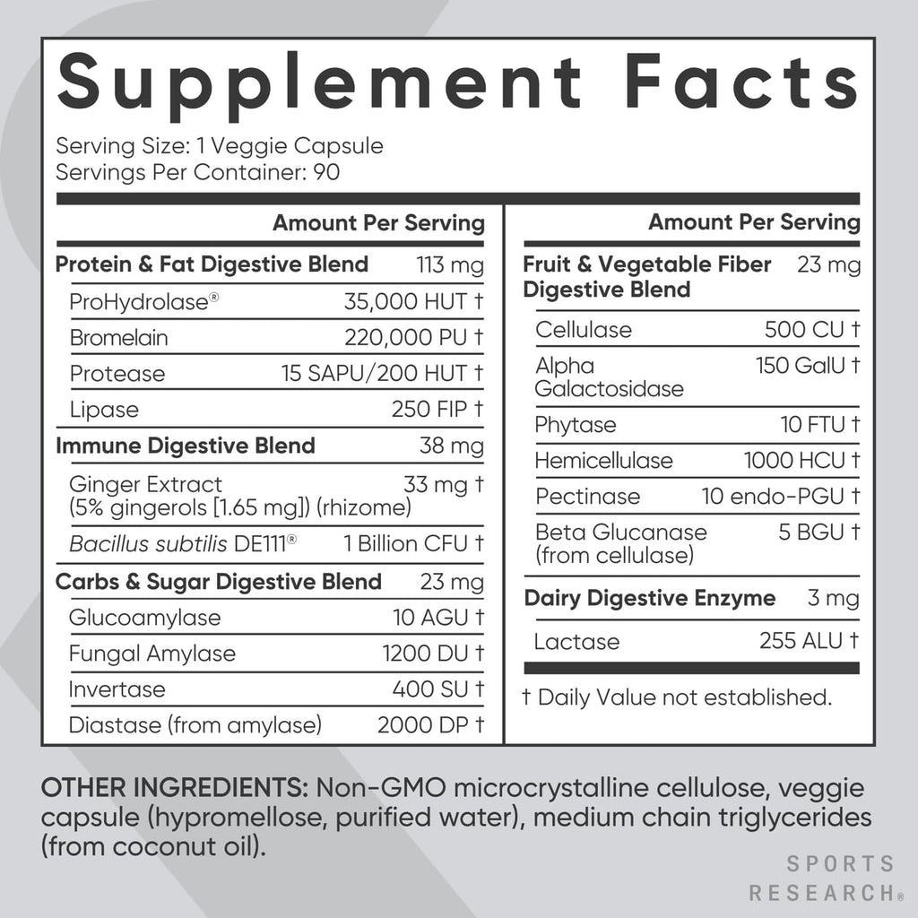 Sports Research® Digestive Enzymes w/Probiotics, 90 Veggie Caps | 15 Enzymes + Ginger to Help Ease Digestion of Dairy, Protein, Sugar & Carbs | Non-GMO, Vegan Friendly, 90 Servings