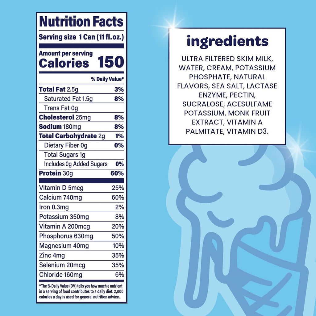 Nurii Ultra Filtered Milk Shake, 30g Protein - 4 Flavor Variety Sampler, Ready-to-Drink Cans, Lactose Free, Low Sugar - 11 fl oz (8 Pack)