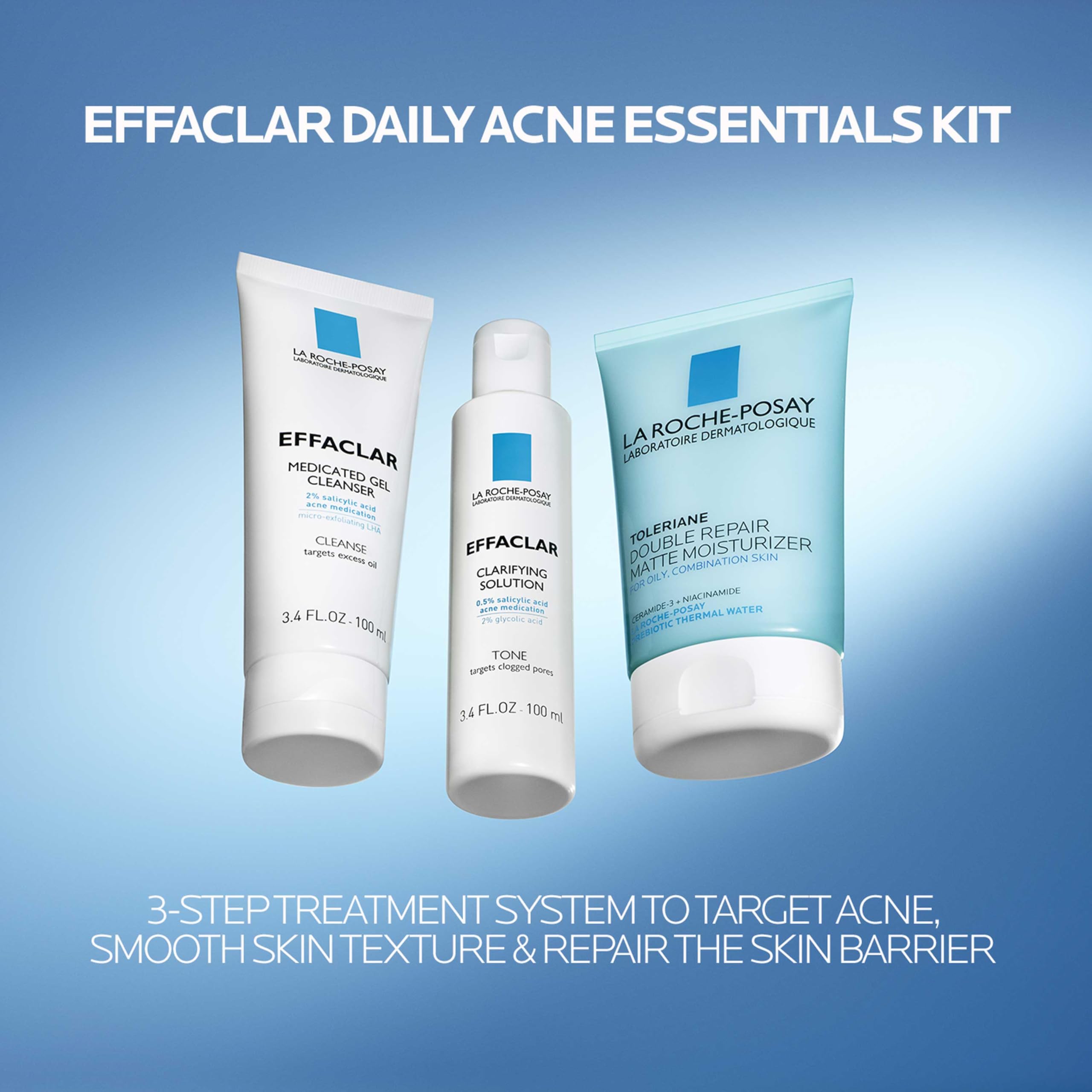 La Roche-Posay Effaclar Daily Acne Kit with Cleanser, Toner & Moisturizer | Salicylic acid acne cleanser, pore refining toner, and matte face moisturizer for oily and combination skin. Oil-free.