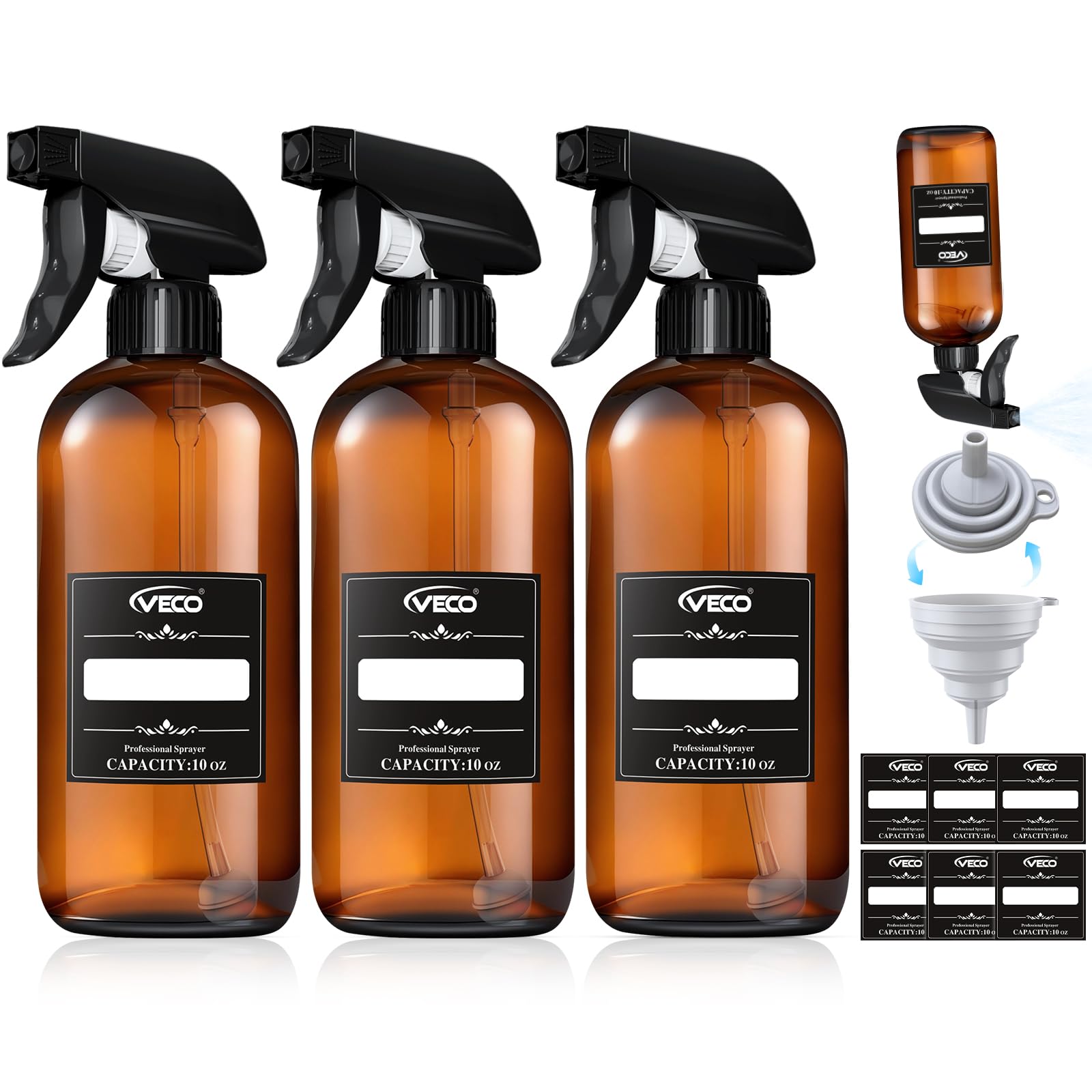 Veco 15oz Graduated Spray Bottles, 4-Pack — 360° Any-Angle Spraying for Easy Dilution, Leak-Resistant spray bottles for Cleaning, Plants, Hair & Pet Use + Foldable Funnel