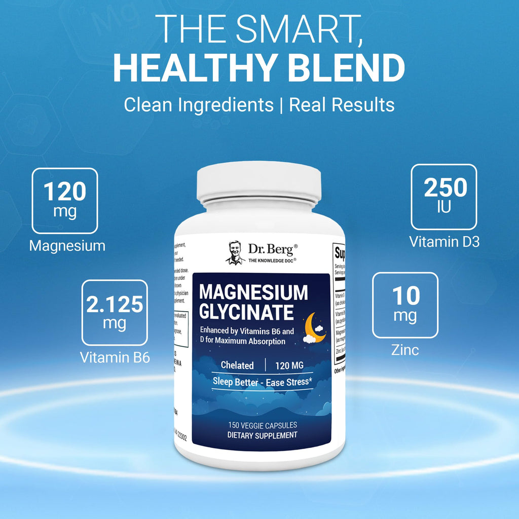 Dr. Berg Magnesium Glycinate 150ct – 4-in-1 Chelated for Muscle, Nerve, Sleep & Stress Support*– w/ D3, B6 & Zinc – 4X Lab-Tested – No Fillers – Formulated in USA, GMP-Certified