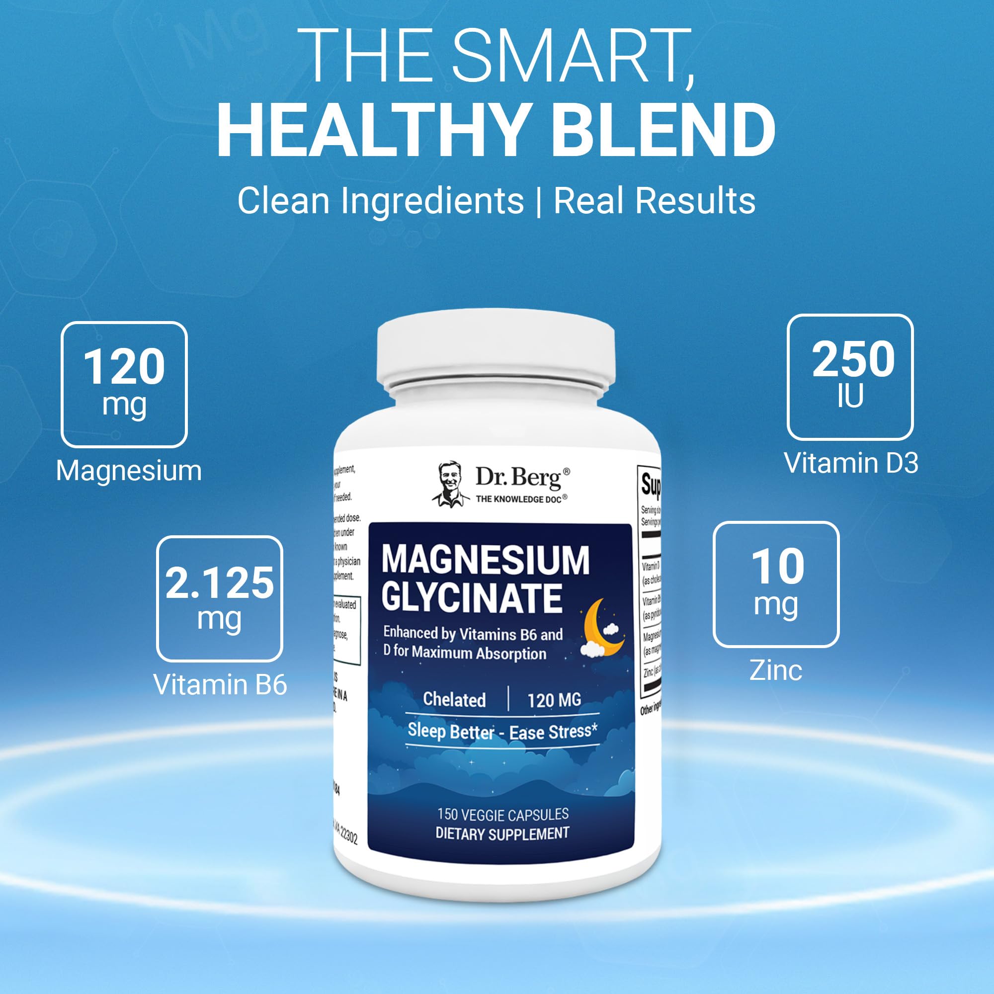 Dr. Berg Magnesium Glycinate 150ct – 4-in-1 Chelated for Muscle, Nerve, Sleep & Stress Support*– w/ D3, B6 & Zinc – 4X Lab-Tested – No Fillers – Formulated in USA, GMP-Certified