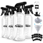 Veco 15oz Graduated Spray Bottles, 4-Pack — 360° Any-Angle Spraying for Easy Dilution, Leak-Resistant spray bottles for Cleaning, Plants, Hair & Pet Use + Foldable Funnel