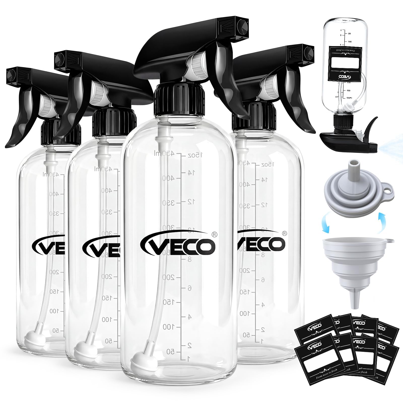 Veco 15oz Graduated Spray Bottles, 4-Pack — 360° Any-Angle Spraying for Easy Dilution, Leak-Resistant spray bottles for Cleaning, Plants, Hair & Pet Use + Foldable Funnel