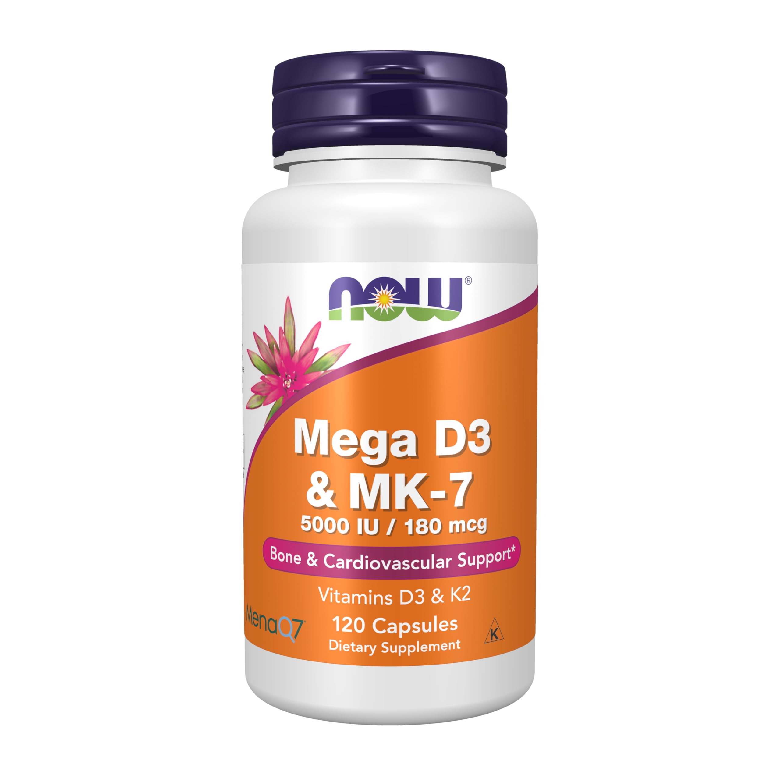 NOW Foods Supplements, Mega D-3 & MK-7 with Vitamins D-3 & K-2, 5,000 IU/180 mcg, Bone & Cardiovascular Support*, 60 Veg Capsules