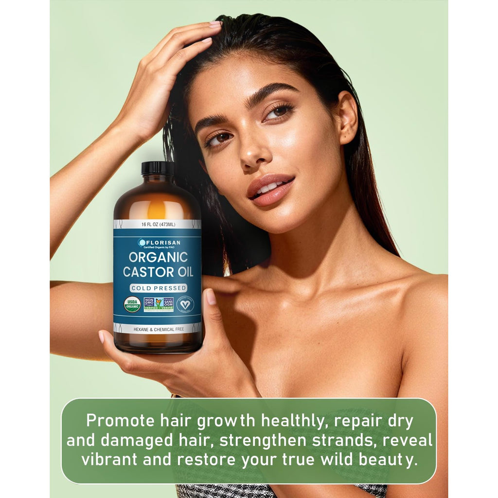Florisan USDA Certified Organic Castor Oil 16oz Glass Bottle, Cold Pressed, Hexane-Free, Non-GMO, Vegan, 100% Pure Castor Oil for Hair Growth, Skin, Lashes, Eyebrows, EWG Verified