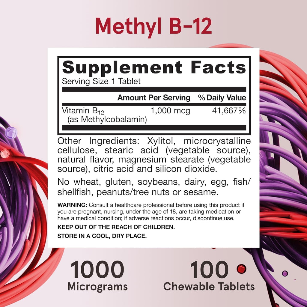 Jarrow Formulas Methyl Vitamin B-12 1000 mcg, 100 Chewable Tablets, Lemon Flavored- Vitamin B12 - Supports Cellular Energy Production, Brain Health & Metabolism - 100 Servings (Pack of 2)