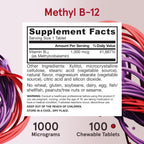 Jarrow Formulas Methyl Vitamin B-12 1000 mcg, 100 Chewable Tablets, Lemon Flavored- Vitamin B12 - Supports Cellular Energy Production, Brain Health & Metabolism - 100 Servings (Pack of 2)