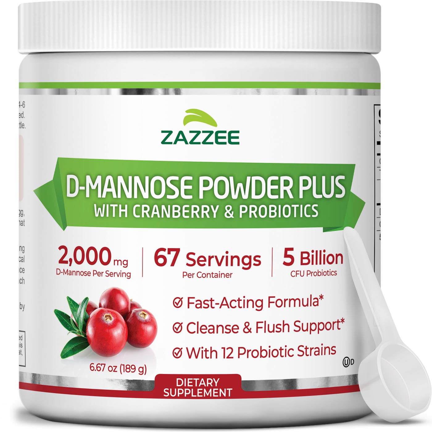 Zazzee D-Mannose Powder Plus, 2000 mg, 67 Servings, Free Scoop, Made in USA | Plus 5 Billion CFU Probiotics and Pure Cranberry Juice Extract, Kosher, 6.67 oz, Urinary Tract & Bladder Support, Non-GMO