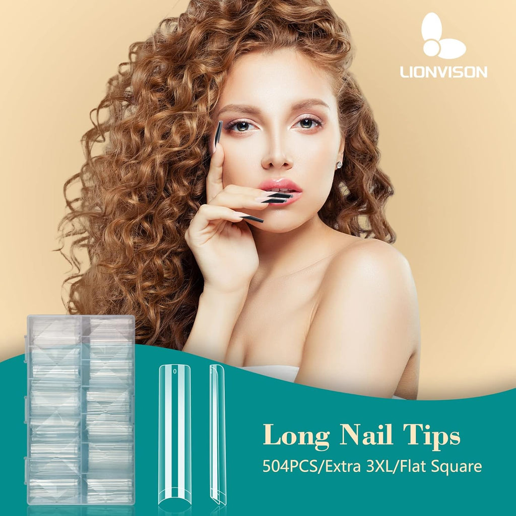 Buy now LIONVISON 504PCS No C Curve Clear Nail Tips for Acrylic Nails Professional, 3XL Extra Long Flat Tapered Square Nail Tips, 12 Sizes Half Cover Straight French Fake Nail Tips for Nail Salons Home at indiglob india