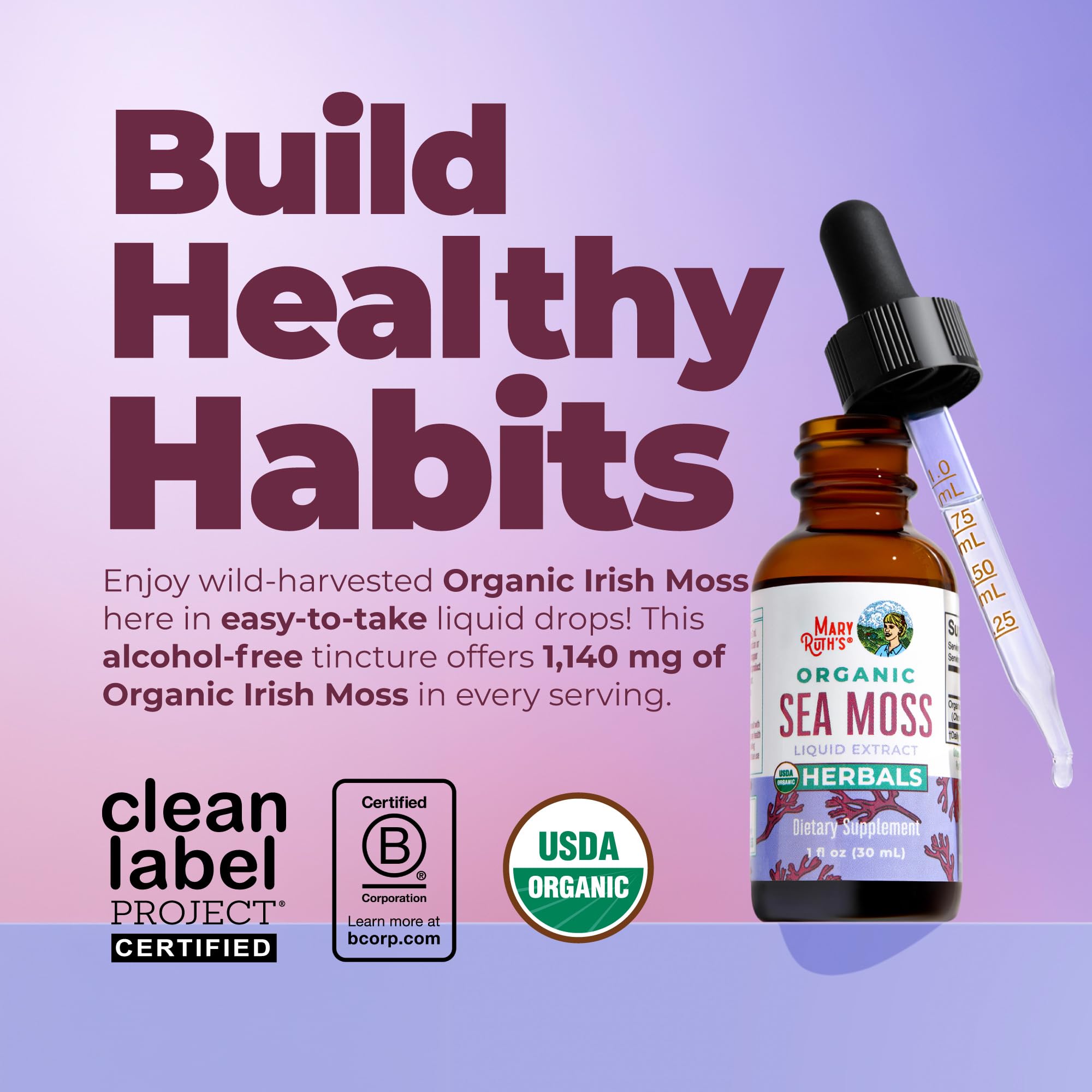 MARYRUTH'S Organic Irish Sea Moss Liquid Drops, Unflavored, 1 Fl Oz | Chondrus Crispus, Wild Harvested, For Adults & Kids Ages 14+, Sugar Free, Vegan