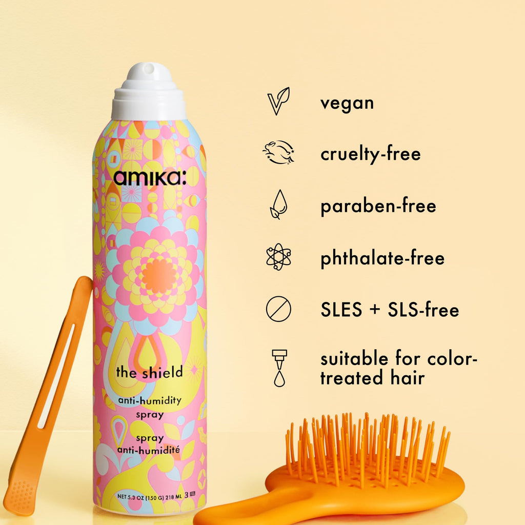 amika the shield anti-humidity spray | lightweight, invisible heat protection spray, contains UV filters, for smooth, frizz free hair