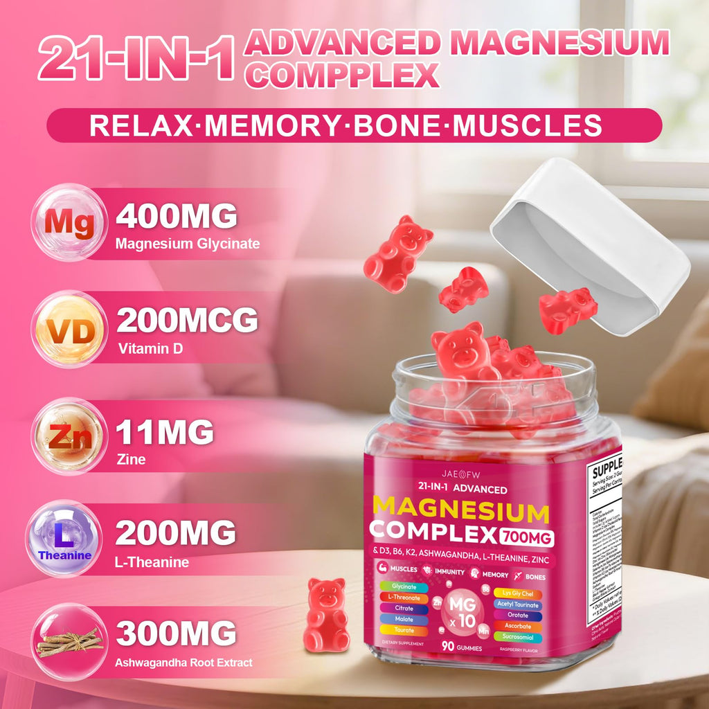 Magnesium Glycinate Gummies 700MG - 21-in-1 Advanced Magnesium Supplement | Ashwagandha, L-Theanine, Zinc, Vitamin - Sugar Free Magnesium Gummies for zzZ, Focus & Relaxation, for Women, Men & Kids