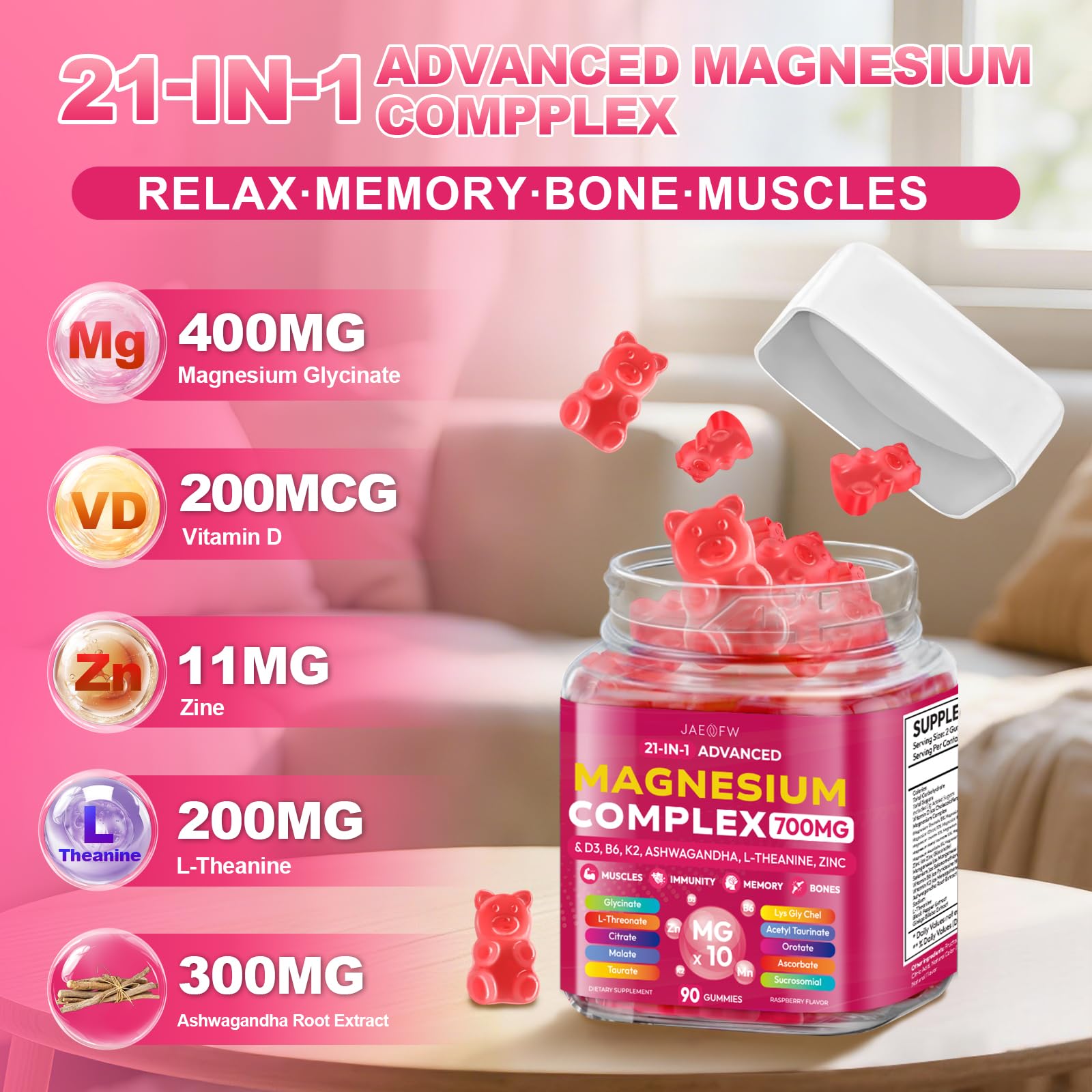 Magnesium Glycinate Gummies 700MG - 21-in-1 Advanced Magnesium Supplement | Ashwagandha, L-Theanine, Zinc, Vitamin - Sugar Free Magnesium Gummies for zzZ, Focus & Relaxation, for Women, Men & Kids
