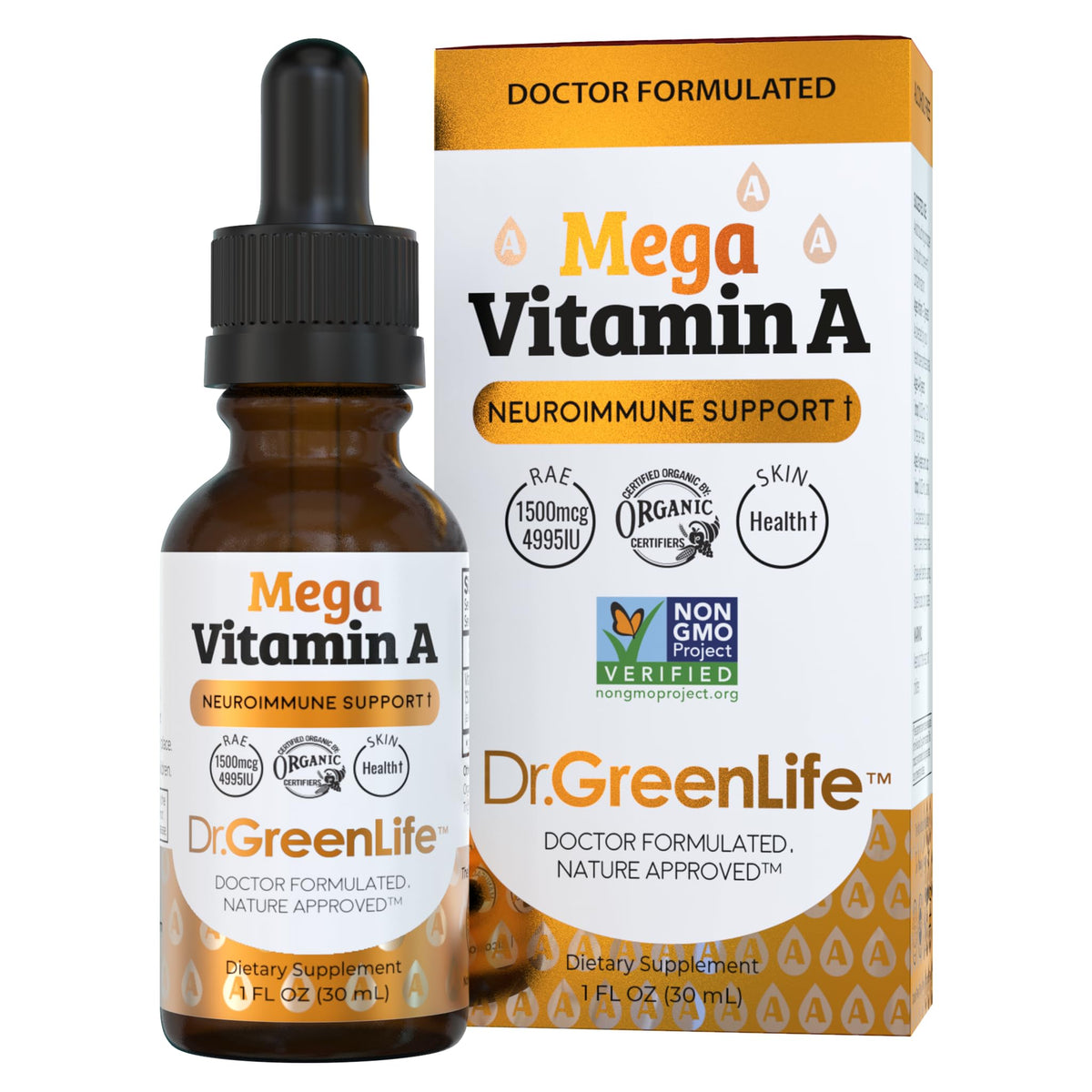 Dr. Green Mom Mega Vitamin A Liquid Drops | 1500 mcg RAE Per 1 Drop, 1180 Servings Per Bottle | Certified Organic, Non-GMO in Organic MCT Oil | Retinyl Palmitate | Infants, Kids & Adults | 1 fl oz