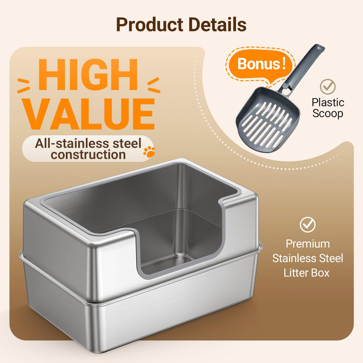 Non-Stick Entirely Stainless Steel Litter Box Splash-Proof & Leak-Proof