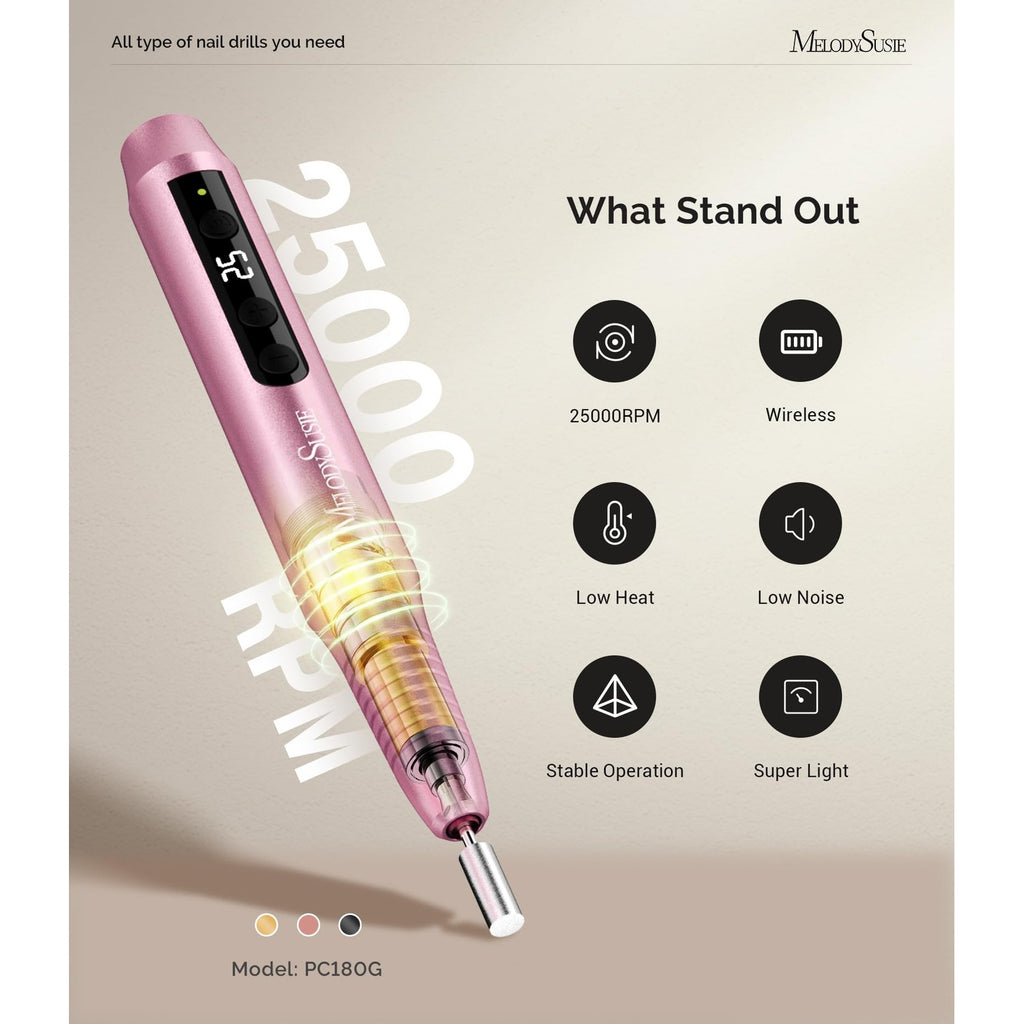 MelodySusie Pen-Shaped Portable Cordless Nail Drill,PC180G 25000RPM Rechargeable Electric File with LED Display for All Nail Care, Manicure Shaping & Acrylic Gel Removal for Nail Artists DIY at Home