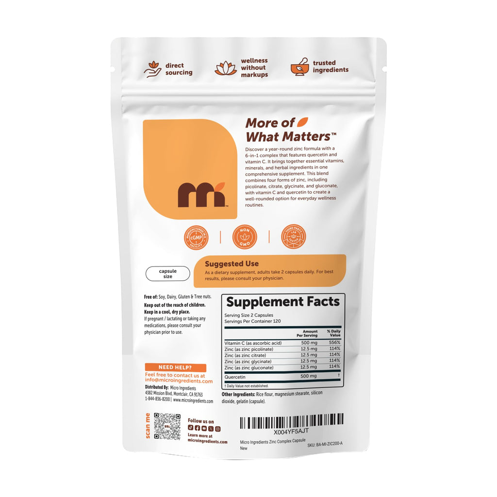 Micro Ingredients Quercetin with Vitamin C & Zinc, 240 Capsules | 6‑in‑1 Formula with Quercetin, Vitamin C & 4 Zinc Forms (Picolinate, Citrate, Glycinate, Gluconate) | Non‑GMO