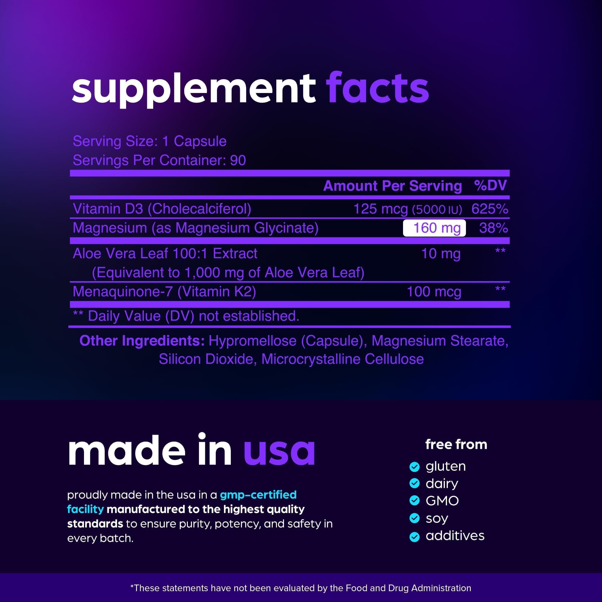 Thinbi Magnesium Glycinate Complex for Women & Men, D3, K2 & Aloe, 90 Caps