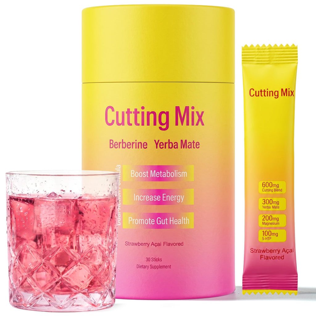 Cutting Drink Mix, Satiety & Craving Support Powder with Berberine, Chromium, FOS, Yerba Mate & 5-HTP, Sugar-Free Vegan Drink Mix, Strawberry Acai Flavor, 30 Individual Sticks