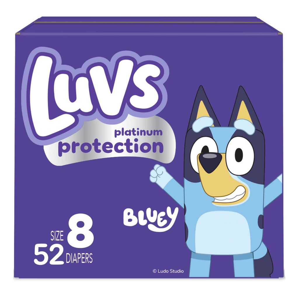 Luvs Size 8 Baby Diapers, Platinum Protection Bluey Diapers for Day & Night,Size 8 (46+ lb), 52 Count
