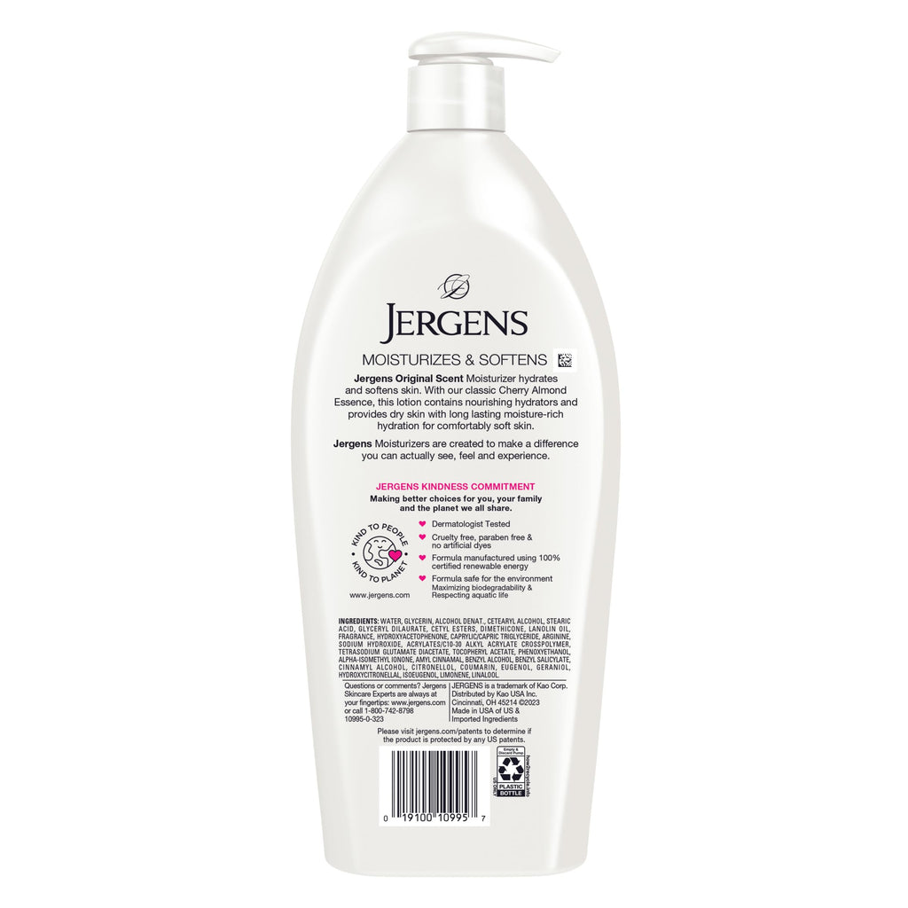Jergens Cherry Almond Hand & Body Lotion, Dry Skin, 32 fl oz | Fast-Absorbing Moisturizer, Vitamins E, C & B5, Softens Dry Skin, Dermatologist Tested, Cherry Almond Scent