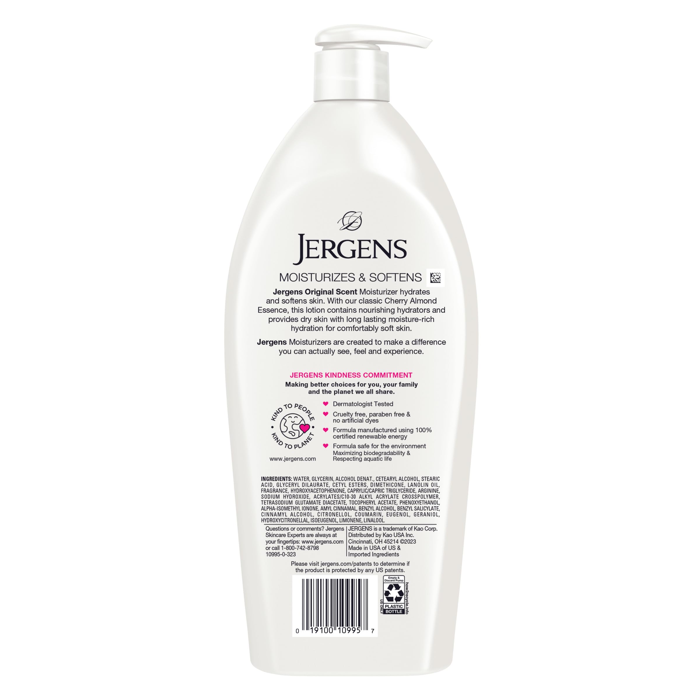 Jergens Cherry Almond Hand & Body Lotion, Dry Skin, 32 fl oz | Fast-Absorbing Moisturizer, Vitamins E, C & B5, Softens Dry Skin, Dermatologist Tested, Cherry Almond Scent